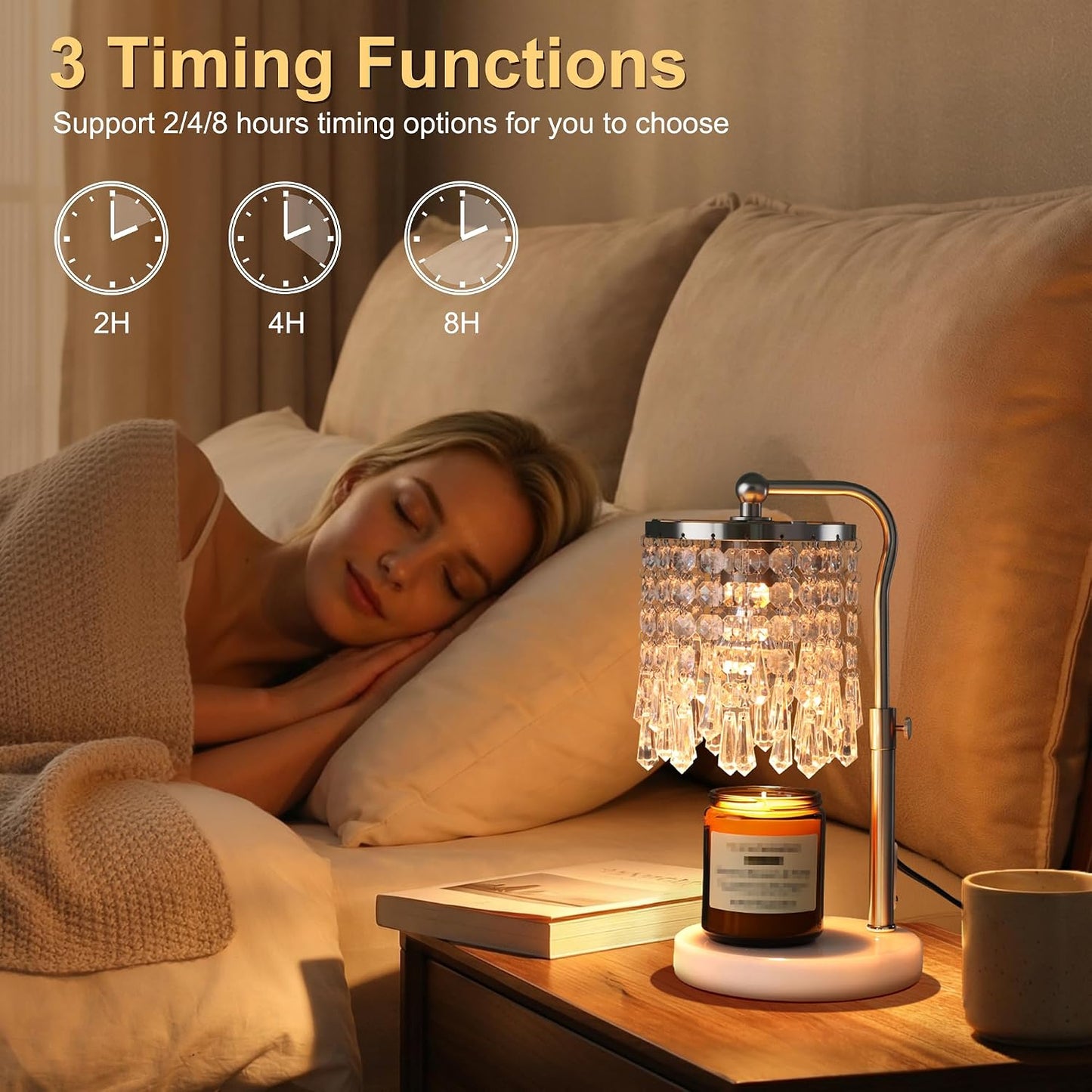 Candle Warmer Lamp with Timer Dimmer, Crystal Candle Lamp Birthday Gifts for Women, Mom, House Warming Gifts Wax Melt Warmer for Jar Candles with 2 Bulbs, Gold