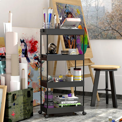 SPACEKEEPER 5-Tier Rolling Cart, Bathroom Storage Organizer Utility Cart, Mobile Shelving Unit Slide Out Shelves for Kitchen Living Room Laundry Room & Dressers, Black