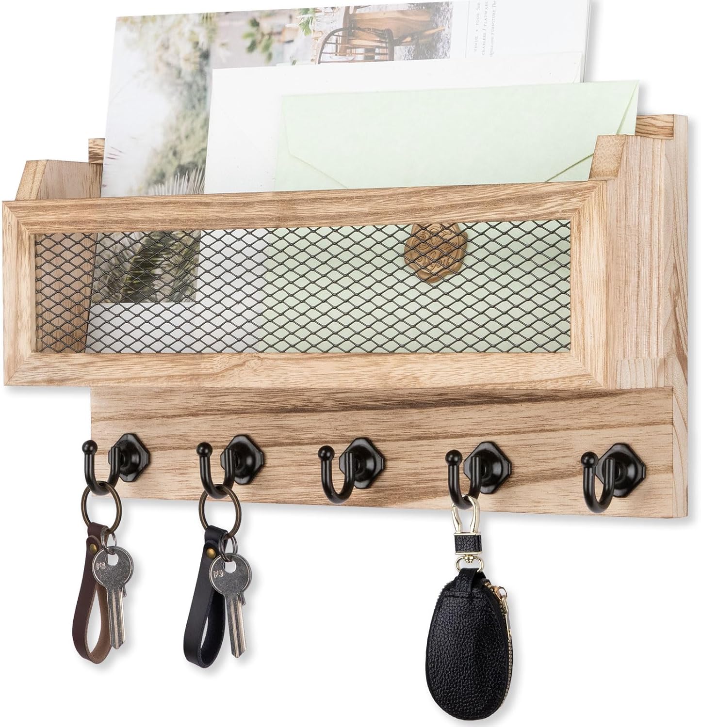 Nekon Mail and Key Holder for Wall Decorative, 11 Inch Wooden Wall Key Organizer with 5 Key Hooks, Wall Mount Storage Shelf for Entryway Hallway (Brown)