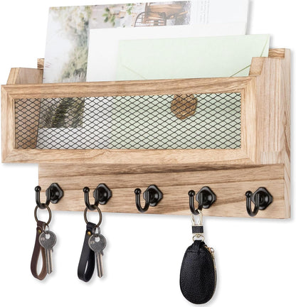 Nekon Mail and Key Holder for Wall Decorative, 11 Inch Wooden Wall Key Organizer with 5 Key Hooks, Wall Mount Storage Shelf for Entryway Hallway (Brown)