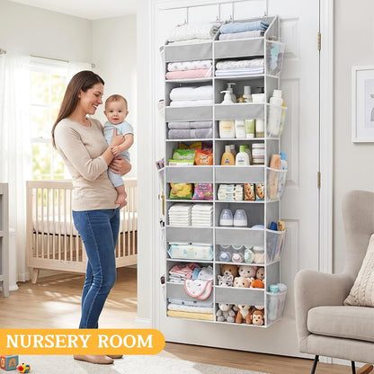 Over The Door Organizer, 5-Tier Extra Large Behind Door Storage with 10 Big Front & 10 Mesh Pockets, 80lb Capacity, Hanging Storage Organizer with Clear Window Kids Toys, Shoes, Diapers, Light Grey