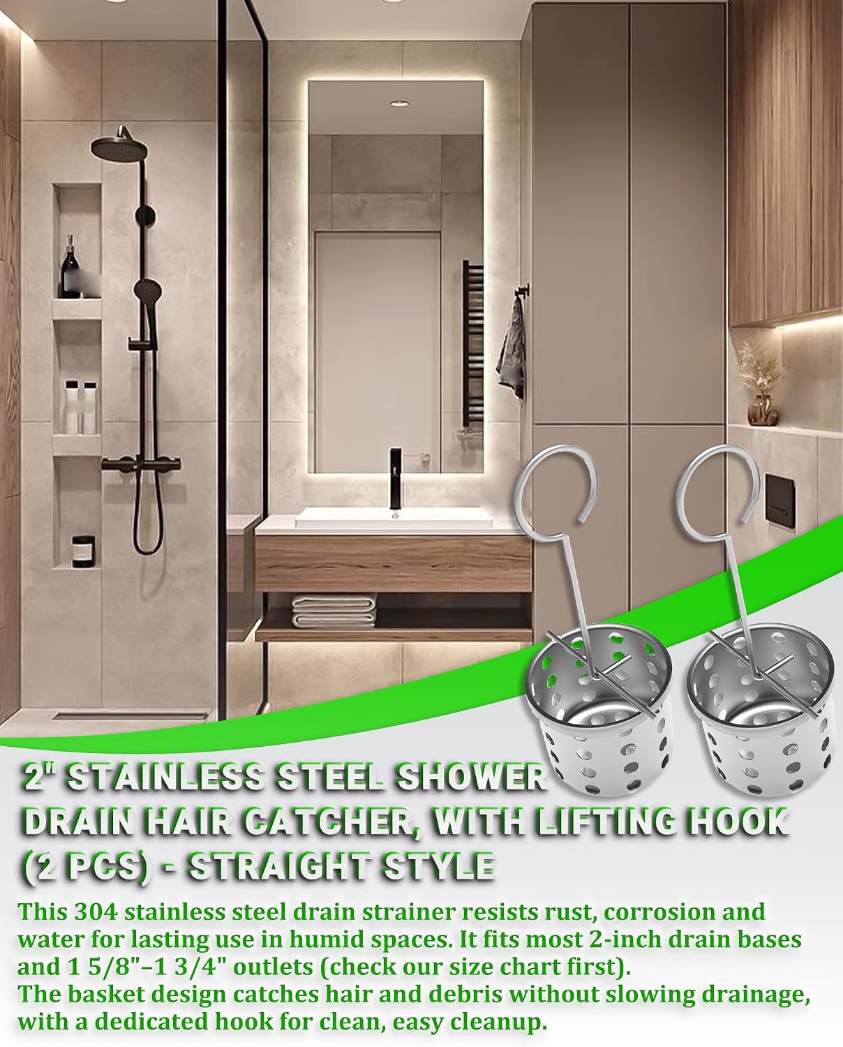 2 Pcs Shower Drain Strainer Hair Catcher, 304 Stainless Steel Drain Strainer Compatible with Oatey Designline Linear & Square Shower Drains with Drain Grate Lifting Key, Vertical Hook Style