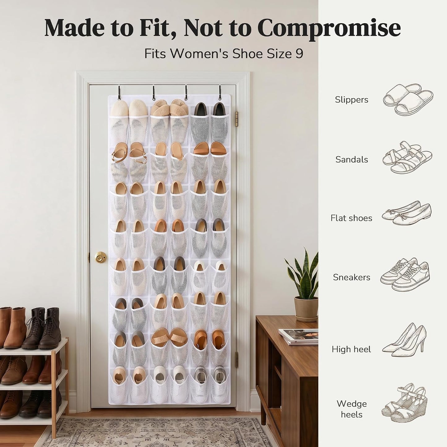 48 Pockets Over the Door Shoe Organizer, Large Mesh Hanging Shoe Rack, 6-Column Heavy Duty Shoe Storage for Sneakers and Heels, Behind Door Holder for Entryway Bedroom Dorm College, Black