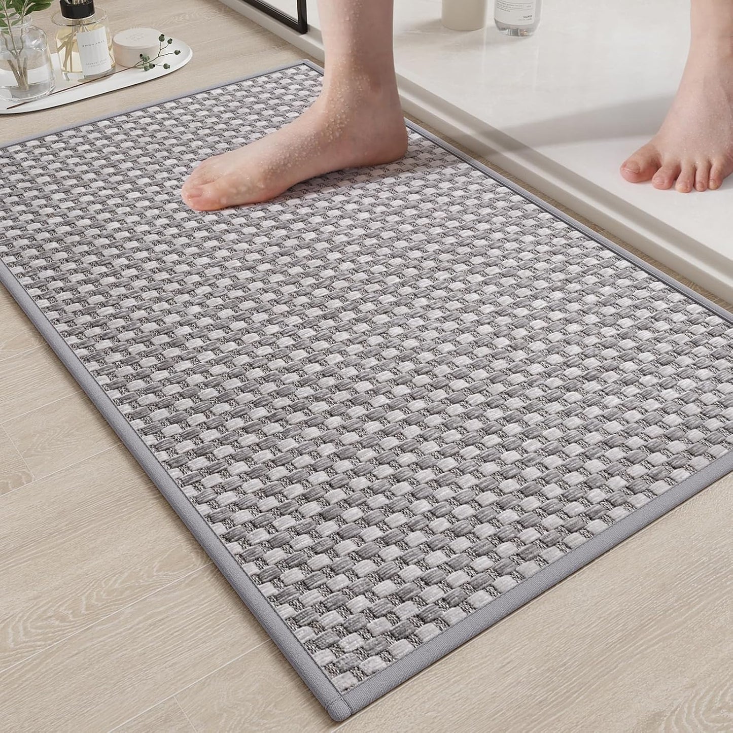 YDKGL Non Slip Bath Mat, Rubber Backing Ultra Thin Bathroom Rugs Fit Under Door Quick Dry Super Absorbent Washable Bath Rug Shower Mat for Bathroom Floor Bathtub Shower Sink, Easy Care Blue 16"x 24"