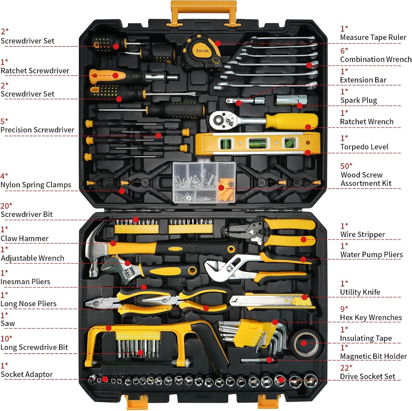 168-Piece Tool Set with Screwdrivers Ratchet Wrenches Tool Kit for Home | Tool Set with Socket Wrenches, Hand Saw, Hammer General Tool Kit for Dorm, Motorcycle, Plumbing Repairs
