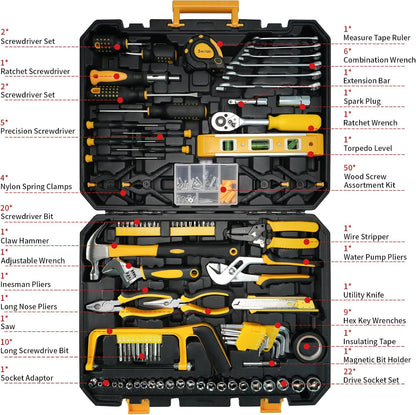 168-Piece Tool Set with Screwdrivers Ratchet Wrenches Tool Kit for Home | Tool Set with Socket Wrenches, Hand Saw, Hammer General Tool Kit for Dorm, Motorcycle, Plumbing Repairs