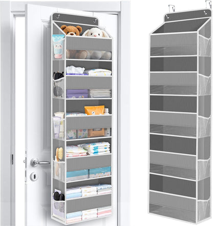 WISELIFE Over The Door Organizer Storage with 4 Large Pockets Door Hanging Organizer with Clear Windows behind The Door Storage for Nursery Bedroom Bathroom Pantry Closet and Baby Essentials Dark Grey