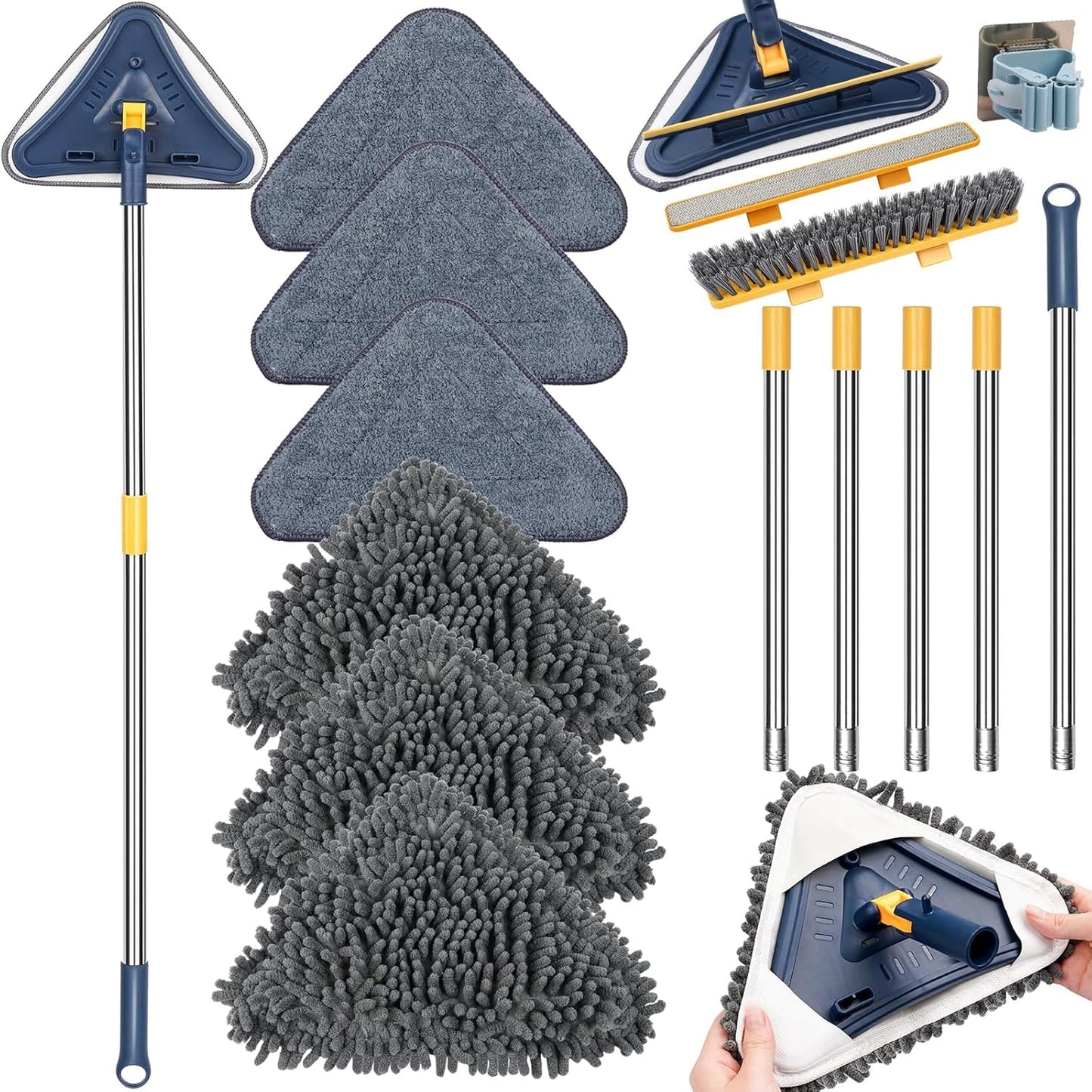 80" Wall Cleaner Mop with Long Handle, Sunoyar 360° Triangle Wall Washer Cleaner Tool for Ceiling Painted Wall Fan Baseboard,Wall Dusters Kit with Chenille Microfiber Pad Brush Scraper 5-in-1 Durable