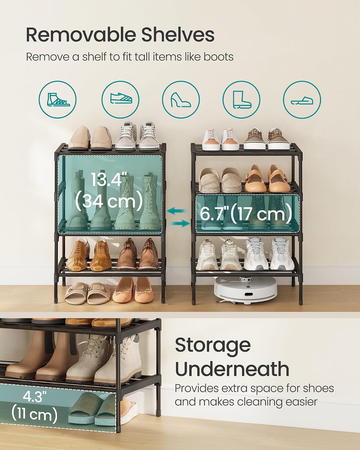 SONGMICS 2-Tier Shoe Rack for Closet, Compact Metal Shoe Organizer Shelf for Entryway, Bedroom, Small Spaces, Stackable, 11.8 x 24.5 x 12.2 Inches, Black ULSA122BH01