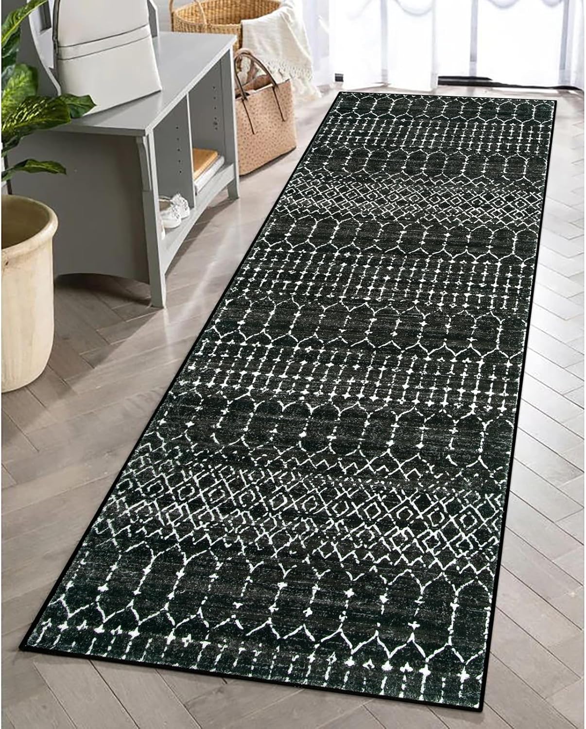 Lahome Moroccan Entry Rug 2x3, Non-Slip Washable Front Indoor Door Mat Rubber Backing Low-Profile Door Rugs, Small Geometric Print Distressed for Entryway Bathroom Kitchen, Black Hana