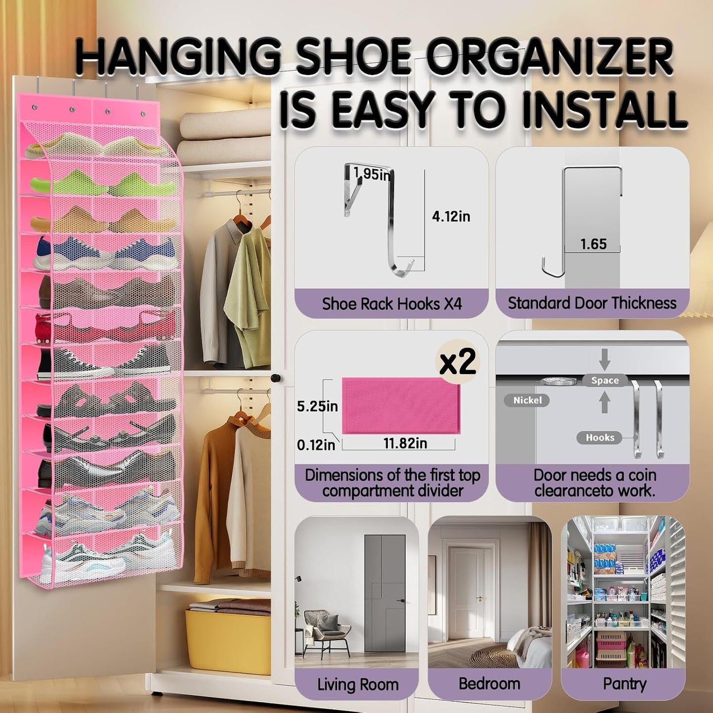Kotkn Over The Door Shoe Organizer with 12 Large Breathable Pockets - Durable Hanging Storage for the Entire Family's Shoes (White)