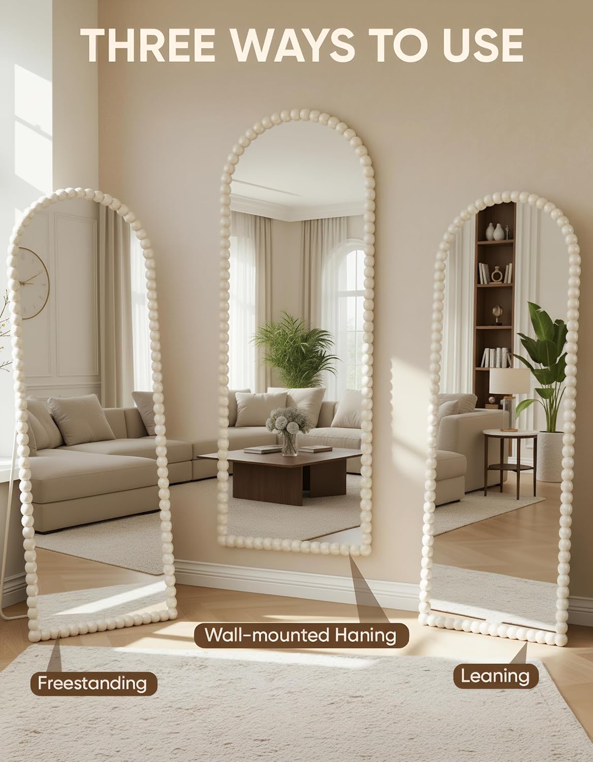 Antok 58" x 21" Arched Full Length Mirror, Antique Beaded Frame Floor Standing or Wall Mounted Mirror with Stand for Bedroom, Entryway, Brown, Luxury Style