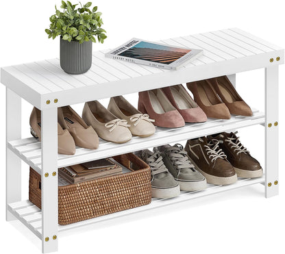 SONGMICS Shoe Rack Bench, 3-Tier Bamboo Shoe Storage Organizer, Entryway Bench, Holds Up to 286 lb, 11.3 x 27.6 x 17.8 Inches, for Entryway Bathroom Bedroom, Ink Black ULBS04H