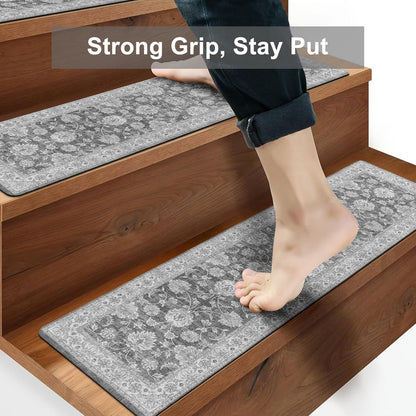 OJIA Extra Non-Slip Stair Treads for Wooden Steps 15PCS, 30"X8" Rubber Indoor Stair Runner Slip Resistant Stair Rugs Safety Mats for Dogs, Kids & Elders, Stairway Grip Step Treads, Gray
