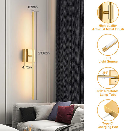 Morauroral Battery Operated Wall Sconces Set of 2, 10000mAh Rechargeable Sconces, 3000K-6000K Dimmable LED Wall Lamp with Remote, 24 Inch Black Gold Wireless Wall Lights for Bedroom, Living Room