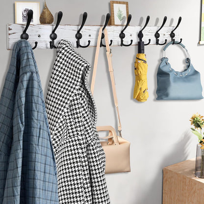 Kuhome 2pcs Coat Rack Wall Mount Wooden Hat Rack for Wall Hooks Pine Real Wood Plank 16.9" Brown Coat Hanger with 5 Triple Hooks for Hanging Coat Hat Jacket