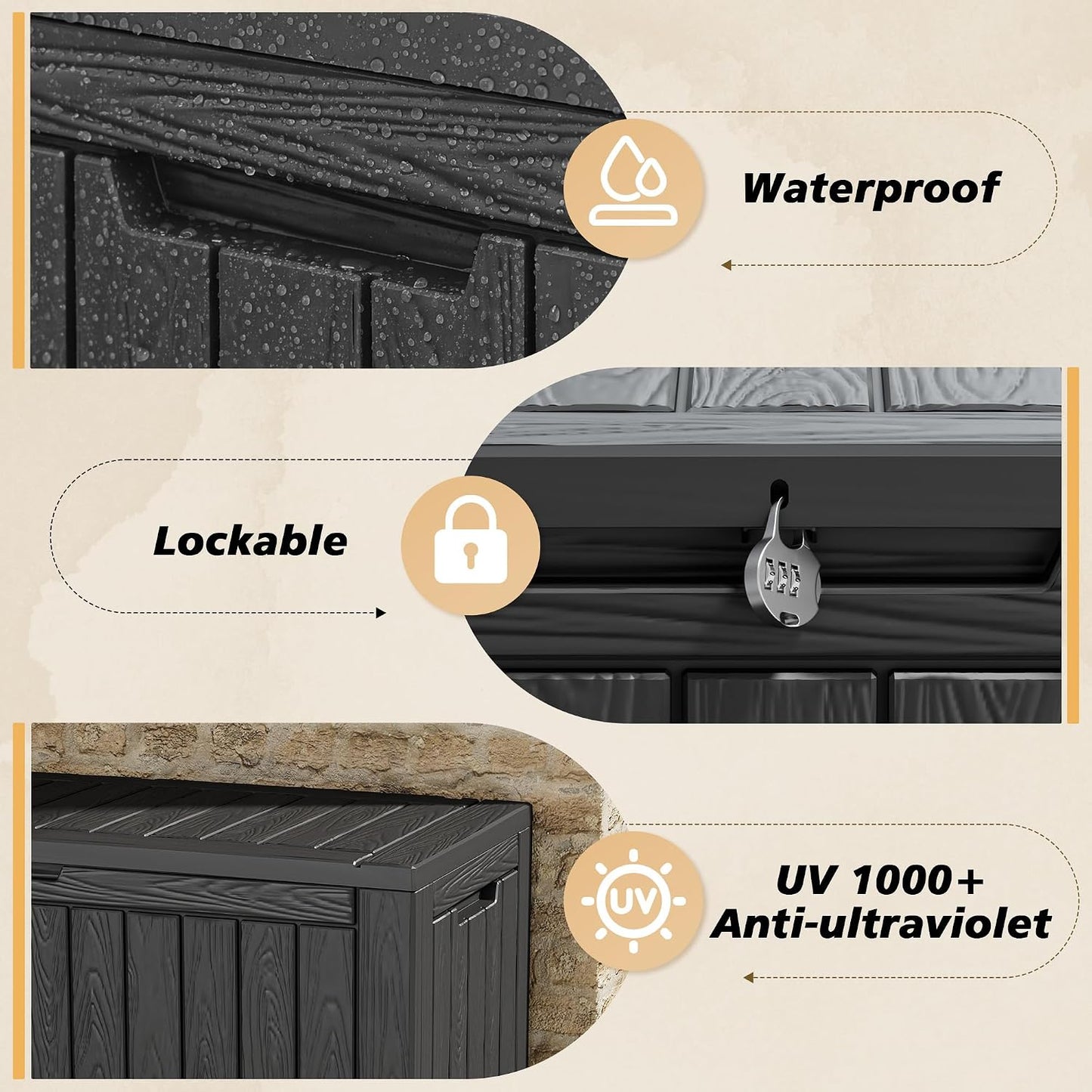 Fancyango 75 Gallon Outdoor Deck Box Waterproof, Large Storage Box for Patio, Resin Storage Bench Lockable for Garden Tools, Package Delivery, Black