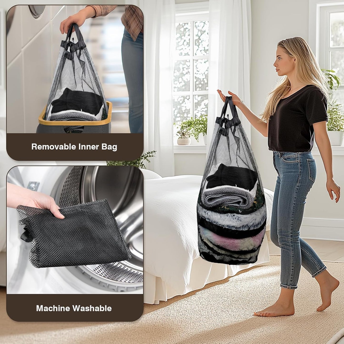 160L Laundry Hamper with Lid, 3 Section Laundry Basket with 3 Removable Bag | Clothes Hampers for Laundry with Bamboo Frame Handle, Large Dirty Clothes Hamper for Laundry Room, Bathroom, Bedroom, Black