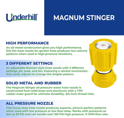 Underhill Magnum Garden Water Hose Nozzle, Sprayer, 37 GPM 80 PSI, 3/4-Inch Thread Inlet, Jet, Soak, Fan, Metal and Rubber, Adjustable, NG450
