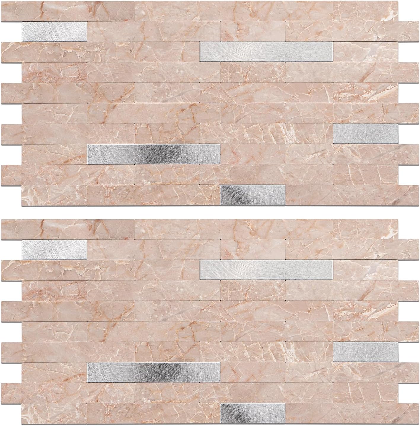 Peel and Stick Backsplash Tile Waterproof Removable PVC Wall Sticker 3D Faux Stone Marble Brick White Accent Panels (White Marble - Metal Silver, 20 Tiles - 9 sq. ft. (0.84 M²))