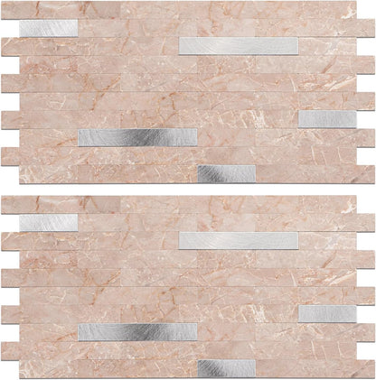 Peel and Stick Backsplash Tile Waterproof Removable PVC Wall Sticker 3D Faux Stone Marble Brick White Accent Panels (White Marble - Metal Silver, 20 Tiles - 9 sq. ft. (0.84 M²))