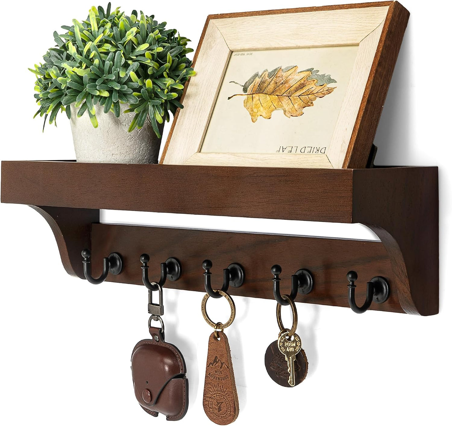 Rebee Vision Farmhouse Key Holder for Wall - Decorative Wooden Mail Organizer with 5 Rustic Key Hooks and Floating Shelf for Home Decor, Hallway, Entryway, Appartment (Retro Brown)