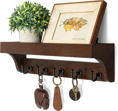 Rebee Vision Farmhouse Key Holder for Wall - Decorative Wooden Mail Organizer with 5 Rustic Key Hooks and Floating Shelf for Home Decor, Hallway, Entryway, Appartment (Retro Brown)