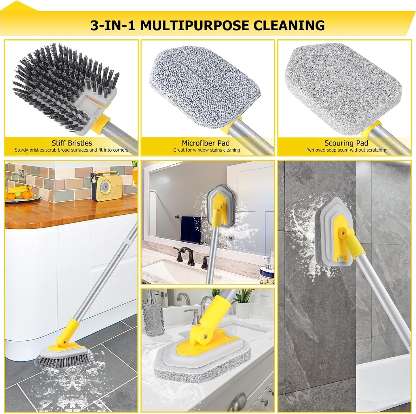 Lalafancy Bathtub Cleaning Brush Long Handle, Shower Bathroom Brush Scrubber with 3 Different Function Scrub Brush Attachments Head for Scrubing Bathroom Floors, Tubs, Tiles, and Kitchen Walls