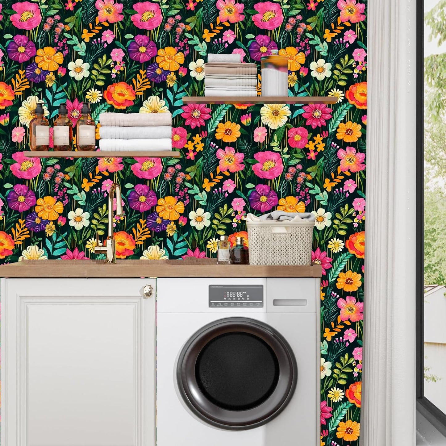 BOKEBEVE Watercolour Floral Peel and Stick Wallpaper Boho Vibrant Contact Paper Renter Friendly Wall Paper for Countertop Cabinet Wall Shelf Liner Removable Blue Colorful 17.5 x 118In