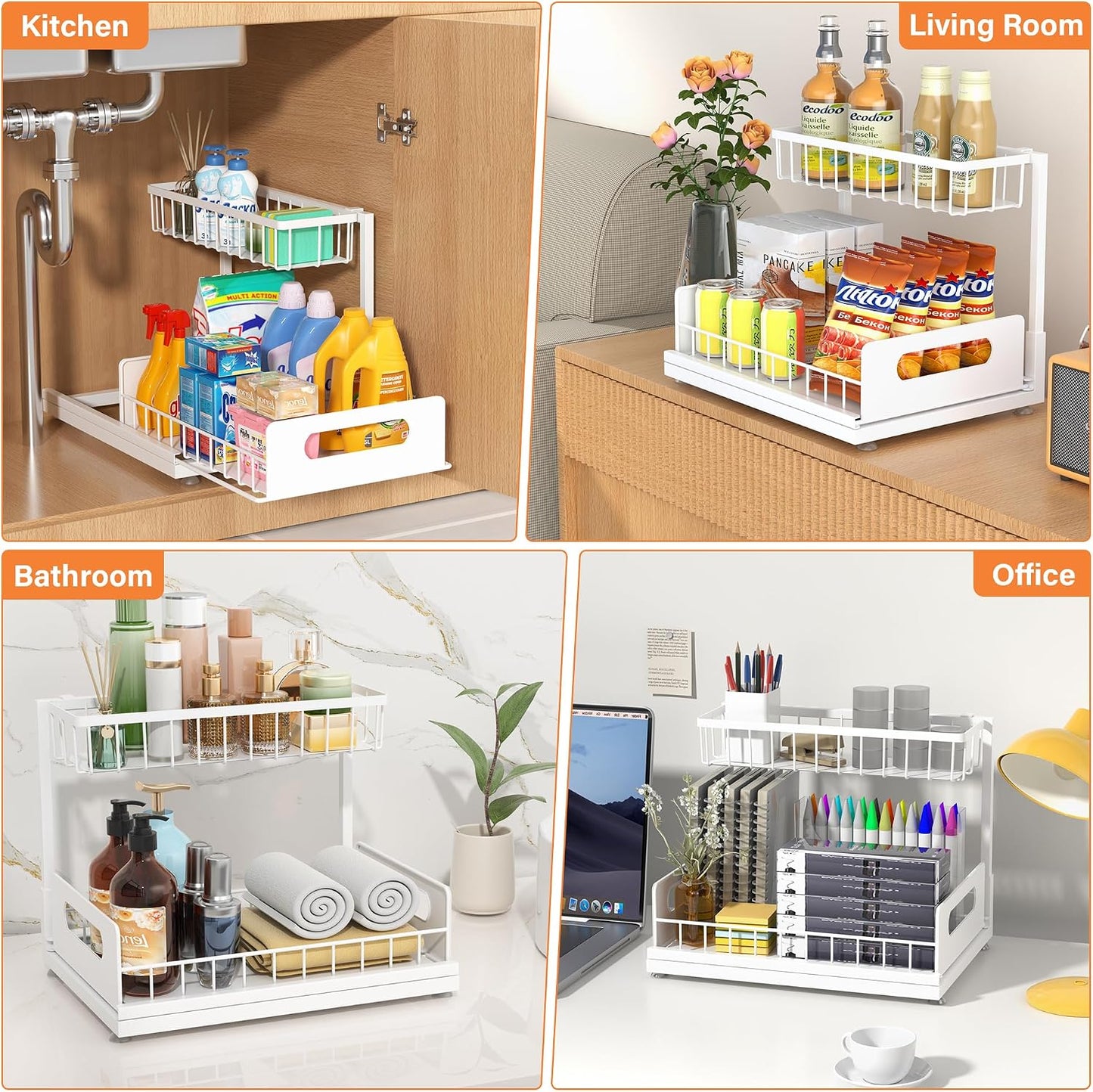 Sturdy Metal Under Sink Organizer 2 Tier, Pull Out Drawer Slides Under Sink Storage for Bathroom Kitchen, Multi-Purpose Iron Under Cabinet Organizer for Cleaning Supplies (Black, 2 Pack)