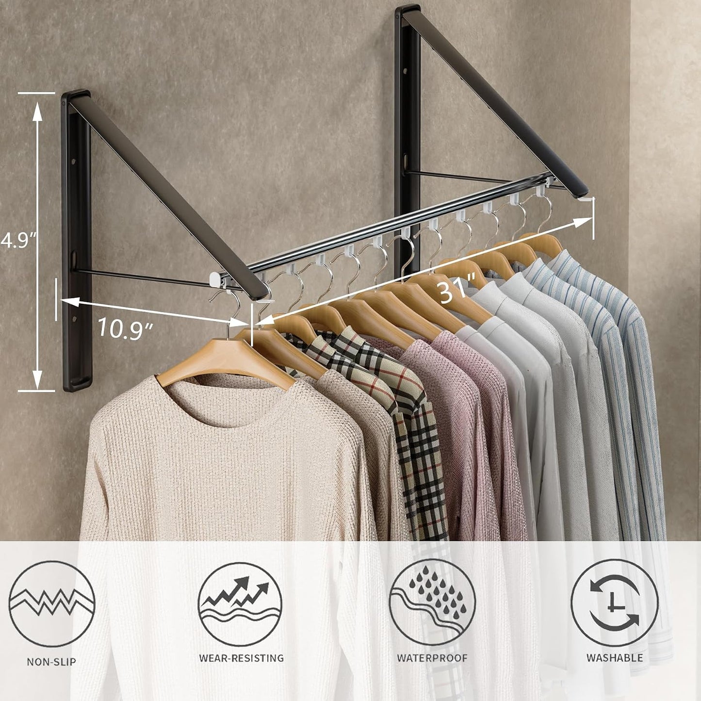 Dr.DJ Clothes Drying Rack Wall Mounted, Retractable & Foldable Clothes Hanger for Laundry Room Organization and Storage, Clothes Hanger Rack for Dorm, Closet, Balcony, Laundry Room(1P, Metal, Black)