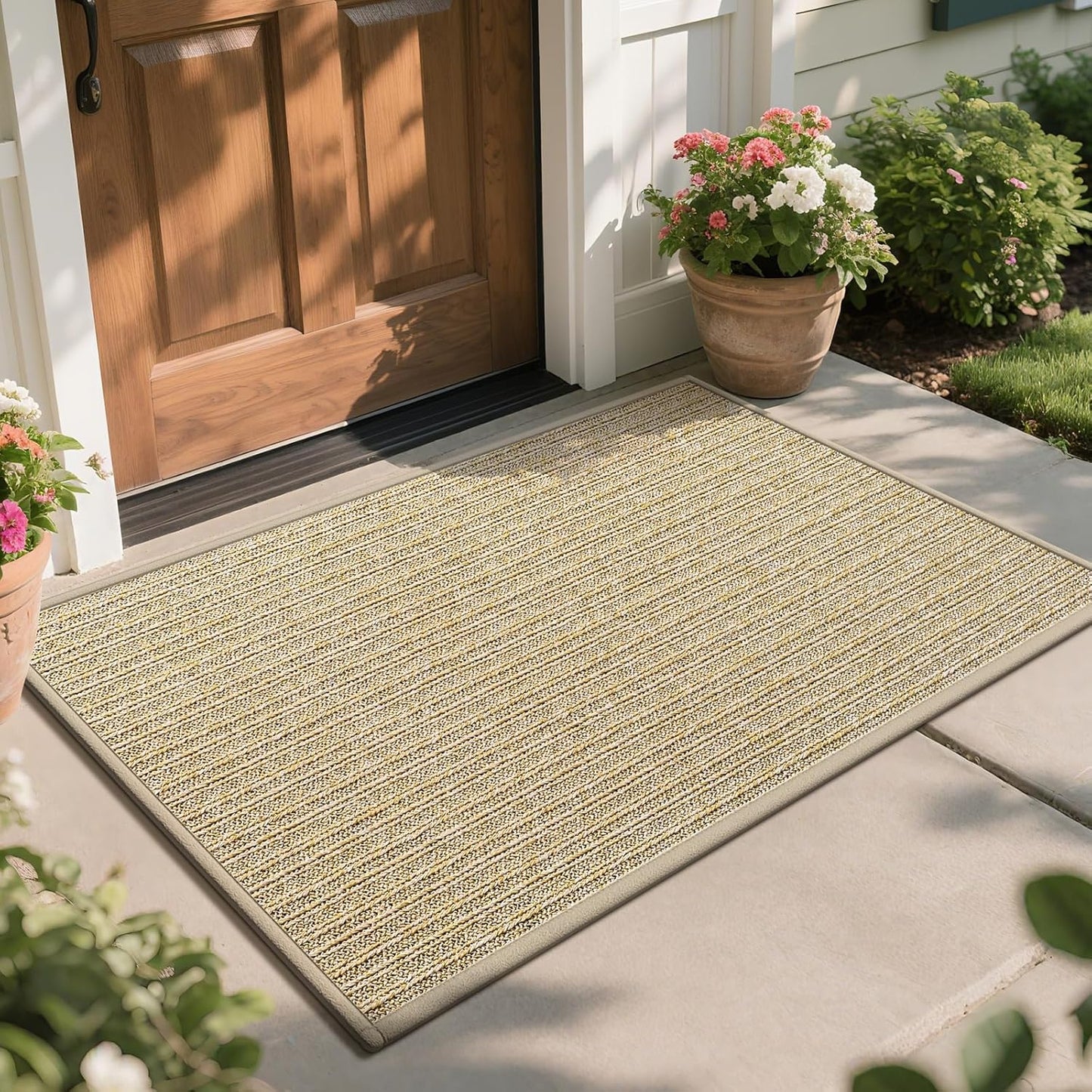Front Door Mat 17"x30", Heavy Duty Waterproof Dirt Trapping Non-Slip Doormats, Low Profile Entrance Mats for Front Indoor/Outdoor, Brown