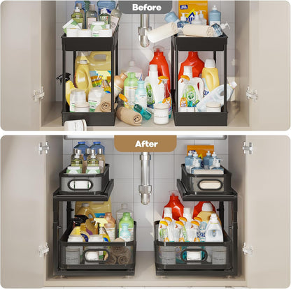 2 Pack 18.5IN-Depth Under Sink Organizer With Next-Gen Ball-Bearing Slides,2-Tier Precision Mesh Pull Out Cabinet Storage for Bathroom&Kitchen,Height Adjustable Drawers Shelf,Anti-rust-White