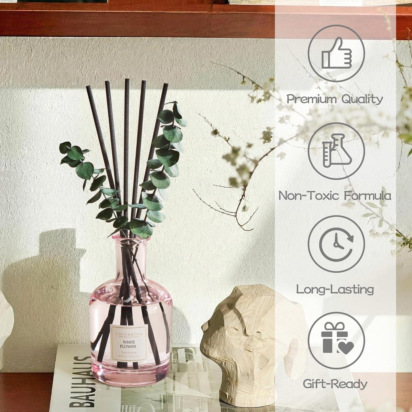 COCORRÍNA Wild Mint & Eucalyptus Reed Diffuser – 6.76 oz Essential Oil with 8 Reeds & Real Eucalyptus Sticks, Home Fragrance for Bedroom or Bathroom Décor