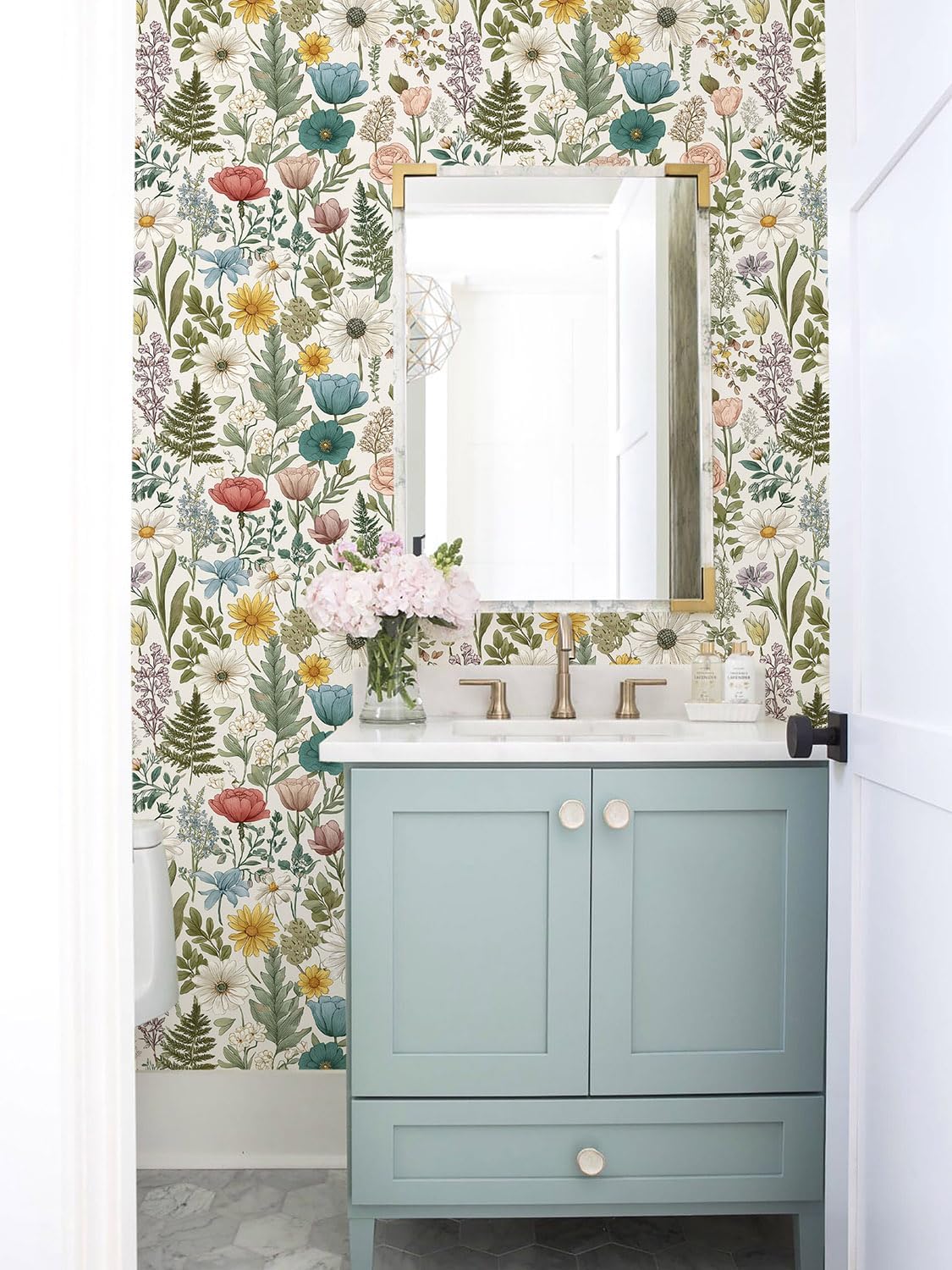 Orainege Pink Floral Peel and Stick Wallpaper Removable Self Adhesive Wallpaper 16.9inx118.1in Modern Wall Paper for Bedroom Bathroom Green Leaf Contact Paper for Cabinets