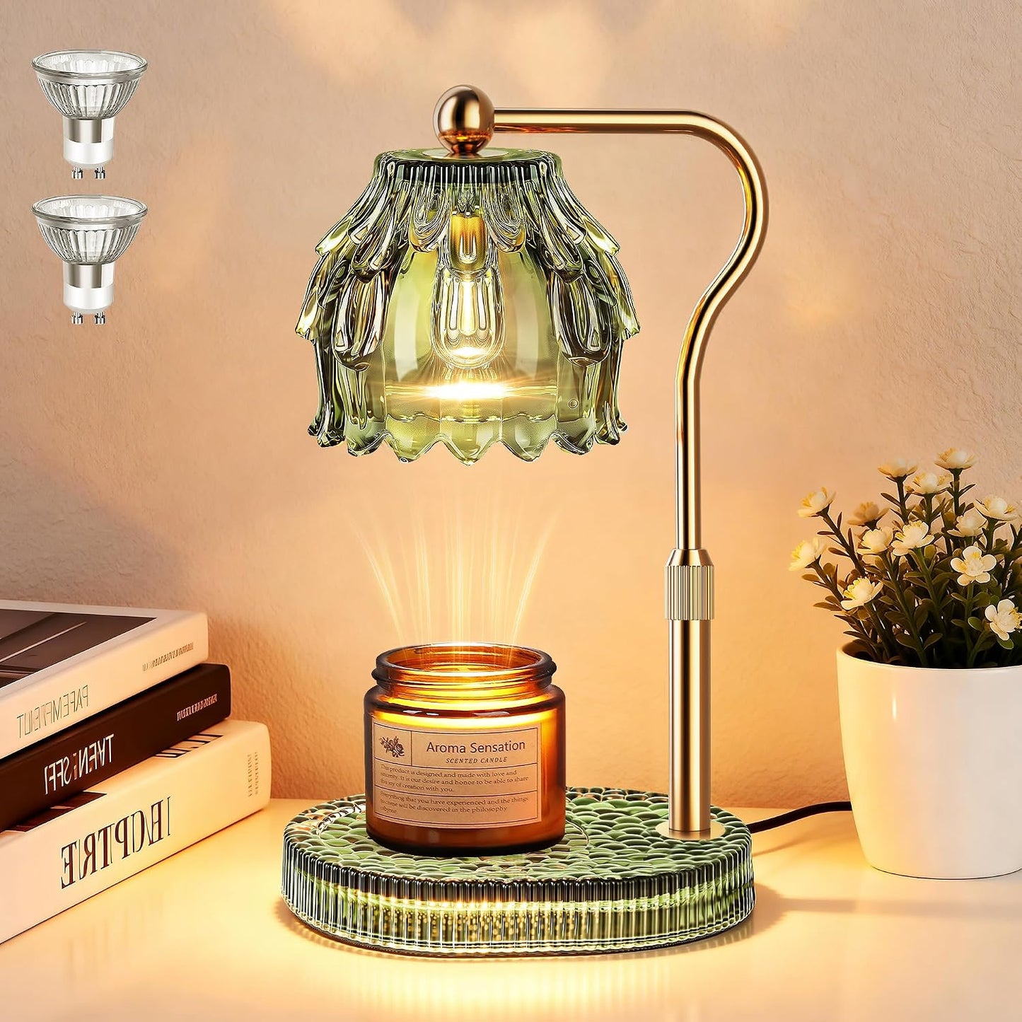 Candle Warmer Lamp with Timer Dimmer, Modern Wax Warmer for Scented Wax Jar Candle Warmer with 2 Bulbs, Adjustable Height Glass Lamp for Gifts for Women, Home Decor, Gold Amber