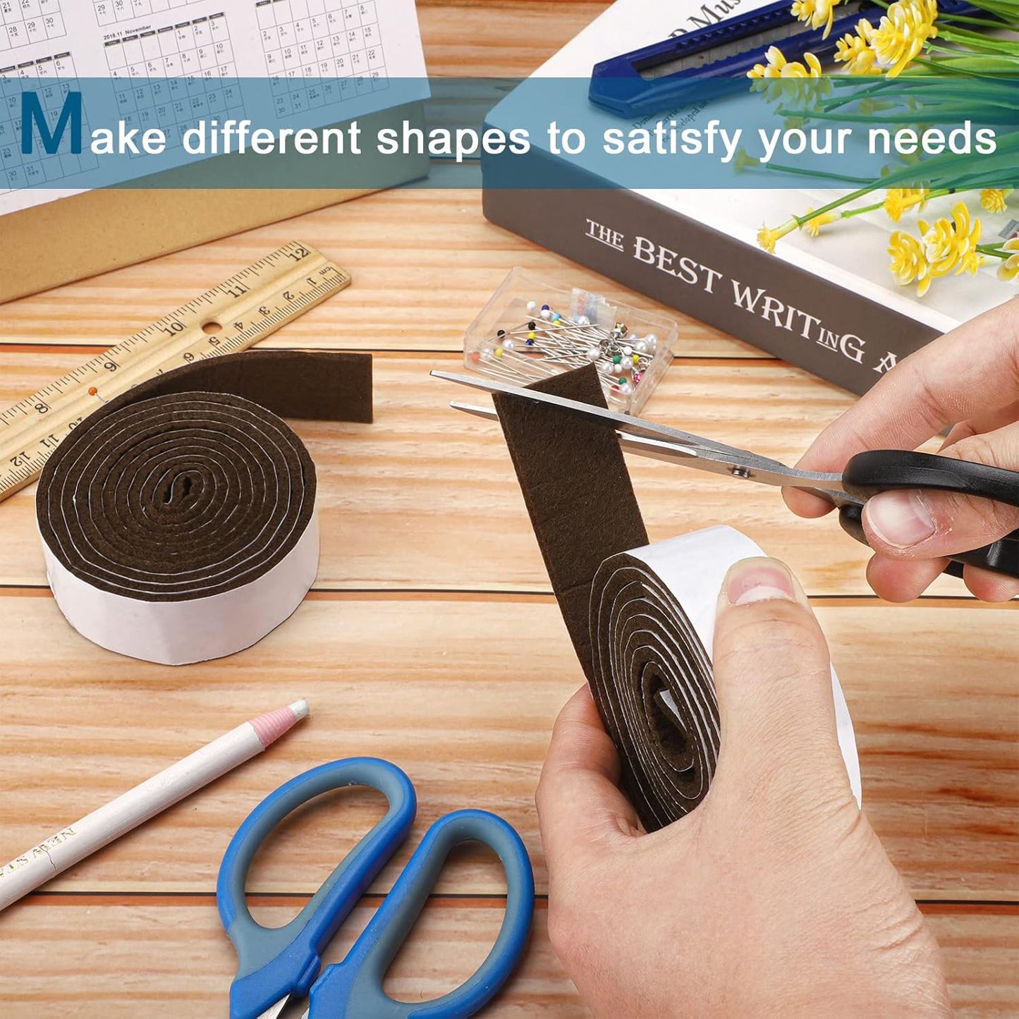 Shappy 2 Packs 120 x 2 x 0.12 Inch Felt Strips with Adhesive Backing Felt Tape Roll Non Slip Self Adhesive Cuttable Furniture Pads for Protecting Hardwood Floors, Chairs, Wall(Dark Brown)
