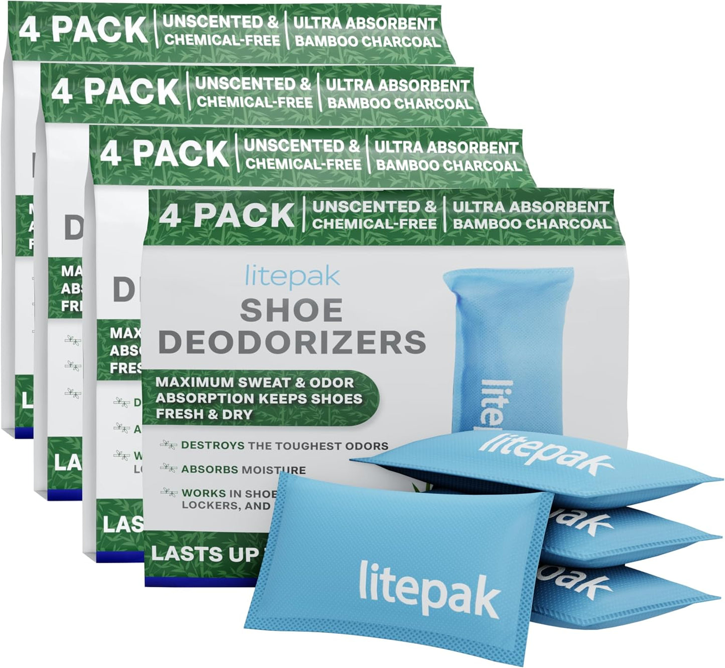 Litepak Shoe Deodorizer and Odor Eliminator Activated Charcoal Odor Absorber for Shoes and Gym Bags, Natural Bamboo Air Freshener for Boots, Closet Or Car (16 Pack)