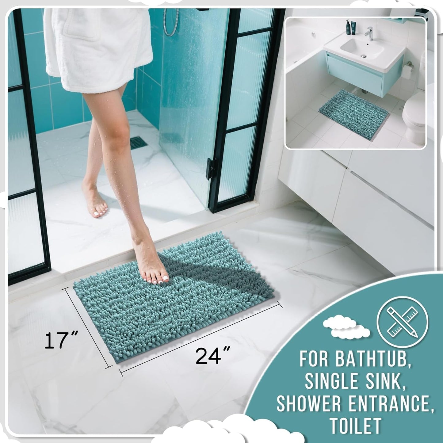 Yimobra Bathroom Rugs Non Slip Washable - Ultra Soft Absorbent Chenille Bath Mat, Quick Dry Shaggy Floor Carpet for Tub Shower, Gray Home Decor Accessories, 24x17 Inch