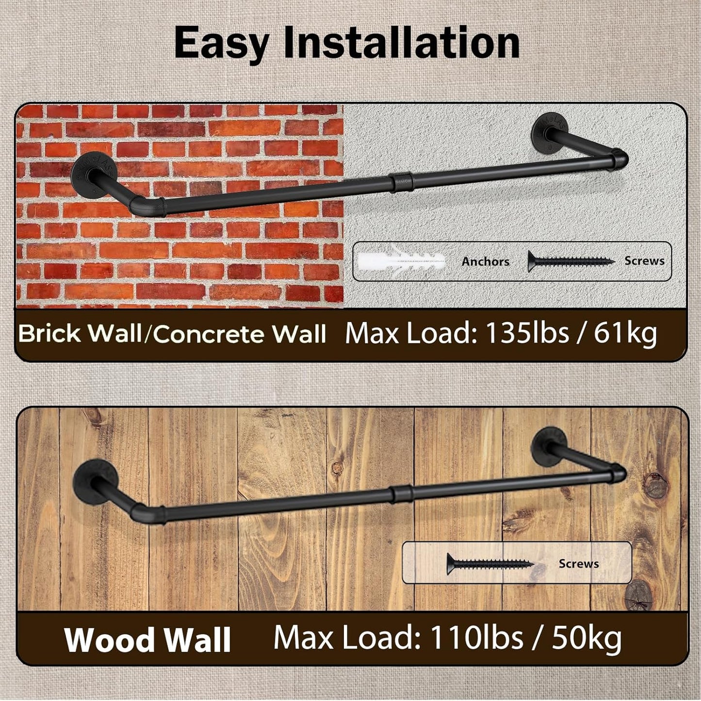 Wall Mounted Clothes Rack 38.4in, Industrial Pipe Wall Mount Clothing Rack, Heavy Duty Iron Garment Racks, Space Saver Multi-purpose Hanging Rod for Laundry Room, Closet Storage, 1 Pack