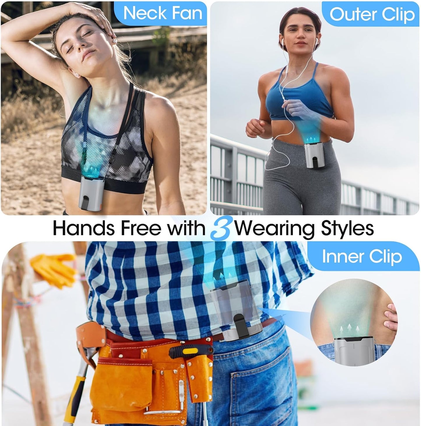 Heelkl 2026 AI Portable Fan Rechargeable, 4-Speed Strong Airflow, Personal Waist Fan with up to 25H of Working Time, Hands-Free Hanging Neck Fan, Wearable Belt Fan for Camping, Outdoor, Jobsite