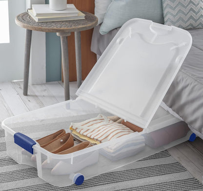 66 Qt Clear Storage Bins with Lids - 66 Quart Wheeled Latch Box, Underbed Storage Container, Durable Plastic Organizer for Bedroom, Closet, Garage,Blue