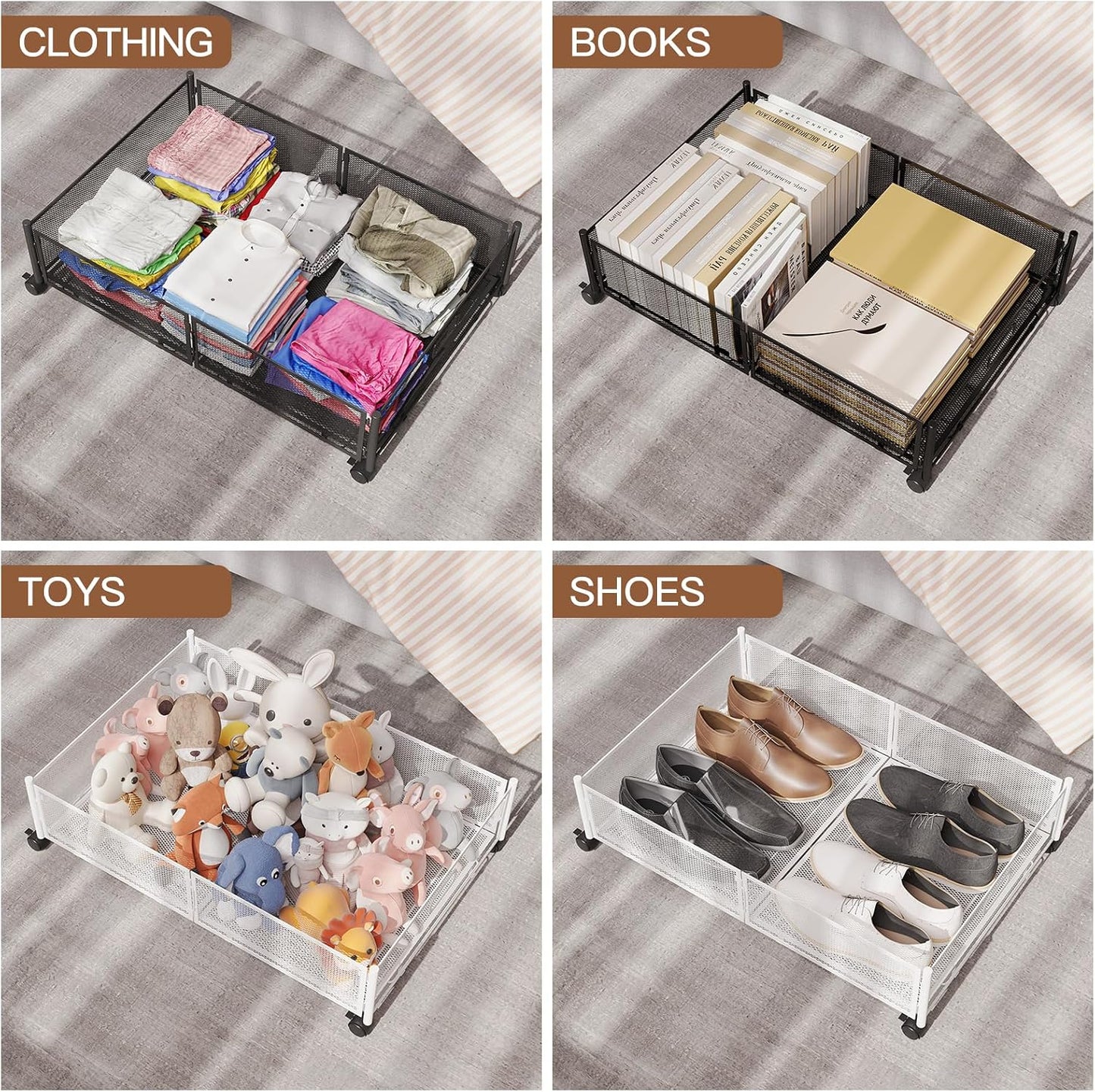 Gawerk Under Bed Storage with Wheels, Foldable Metal Mesh Underbed Storage Container Bins, Tool-free Assembly Clothes Drawer Organizer,2Pack