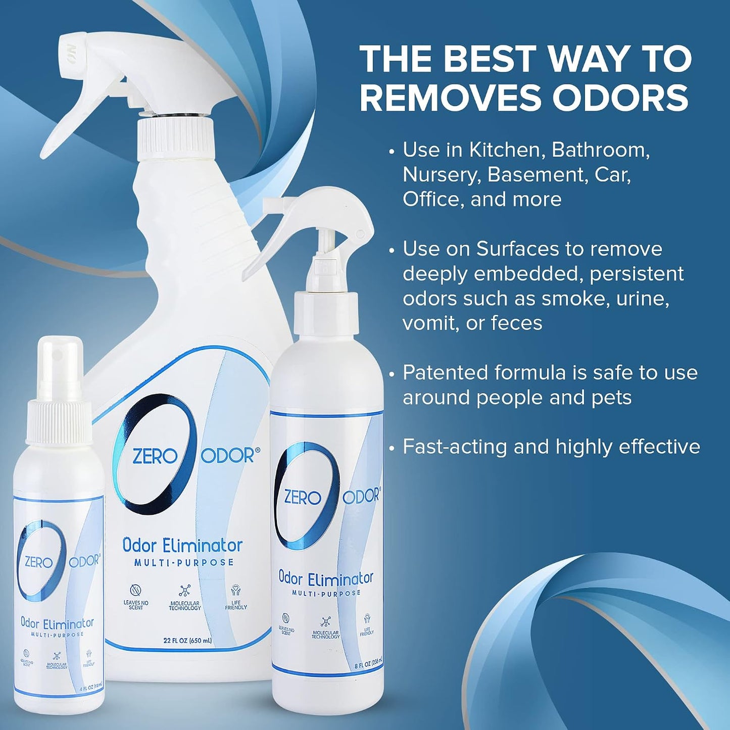 Zero Odor – Multi-Purpose Odor Eliminator - Air & Surface Odor – Patented Technology for Bathroom, Kitchen, Fabric, Closet- Smell Great Again, 16oz