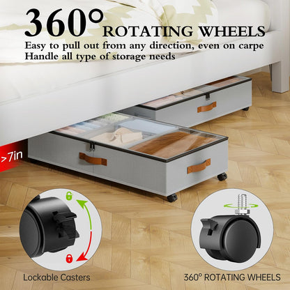 Yecaye Under Bed Storage with Wheels, 2 Pack Under Bed Storage Containers with Adjustable Dividers & Clear Lid, Rolling Underbed Organizer Bins Drawer for Clothes, Shoes, Blankets(30.3 x 16 x 6.7in)