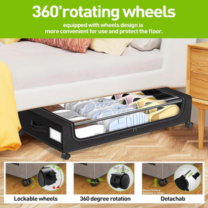APSARAS USA Under Bed Storage with Wheels, Underbed Storage with Wheels and Clear Window, Rolling Drawers & Bins for Shoes Clothes in Dorm Bedroom, Easy Pull-out Black 2-Pack- Space-Saving