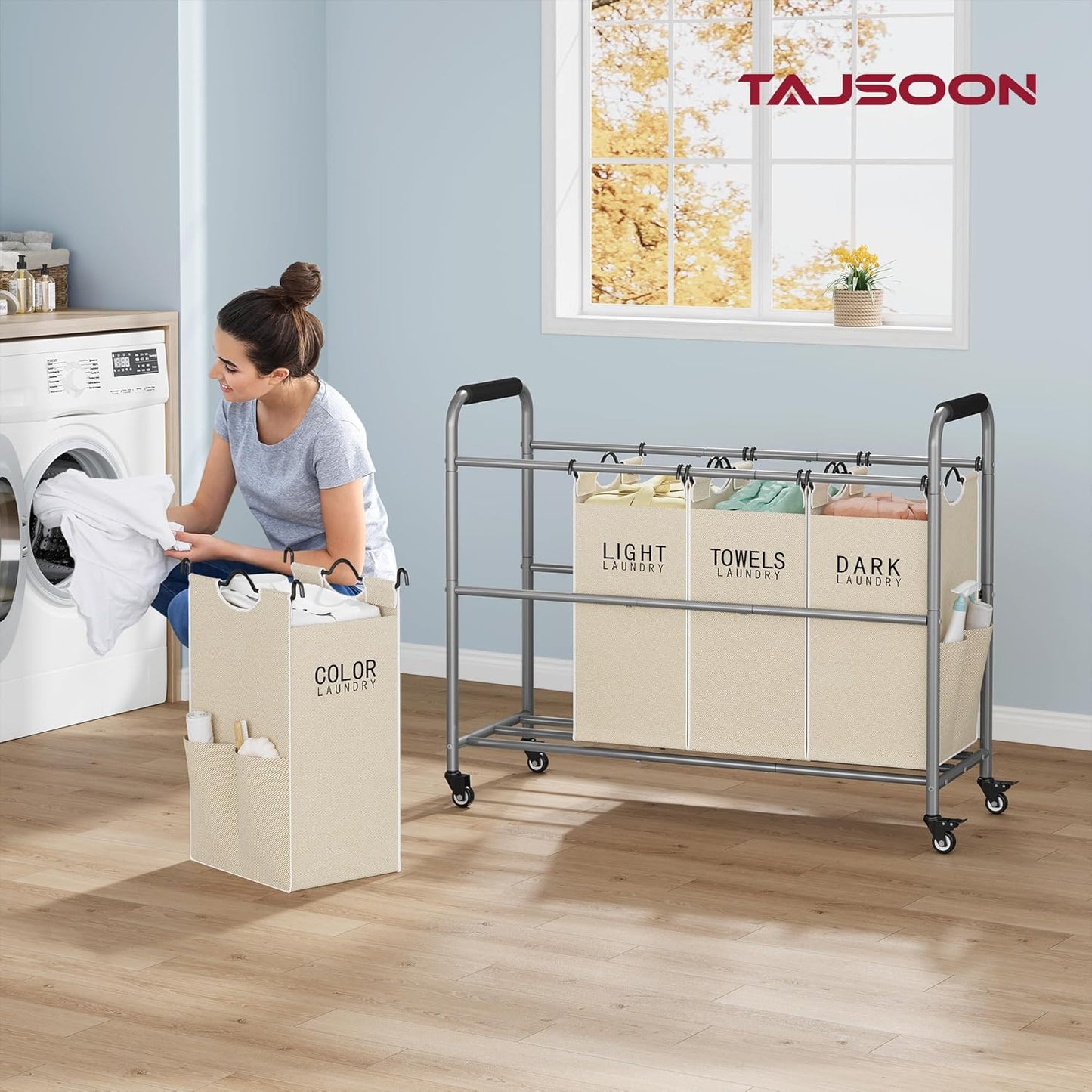 Tajsoon 4 Bag Laundry Sorter Cart, 4 Section Laundry Hamper Sorter with Heavy Duty Lockable Rolling Wheels, Laundry Separator Hamper with Removable Bags for Dirty Clothes Storage, Black
