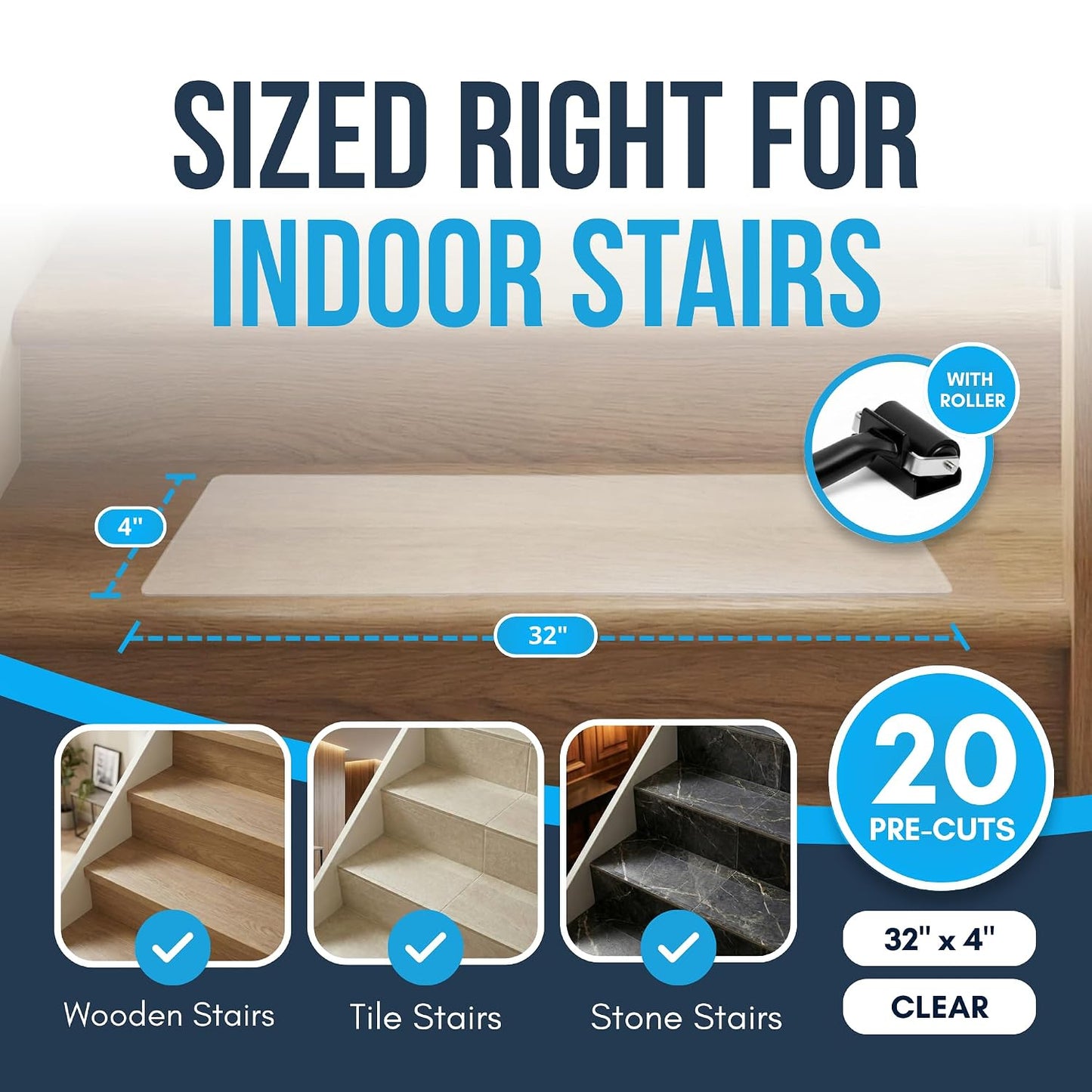 Clear Non Slip Stair Treads for Wooden Steps Indoor (20 Pack) - 30” x 6” Wide Transparent Peel and Stick Stair Treads Non Slip, Indoor Safety Strips for Wood Stairs, Stair Grips for Elderly and Pets