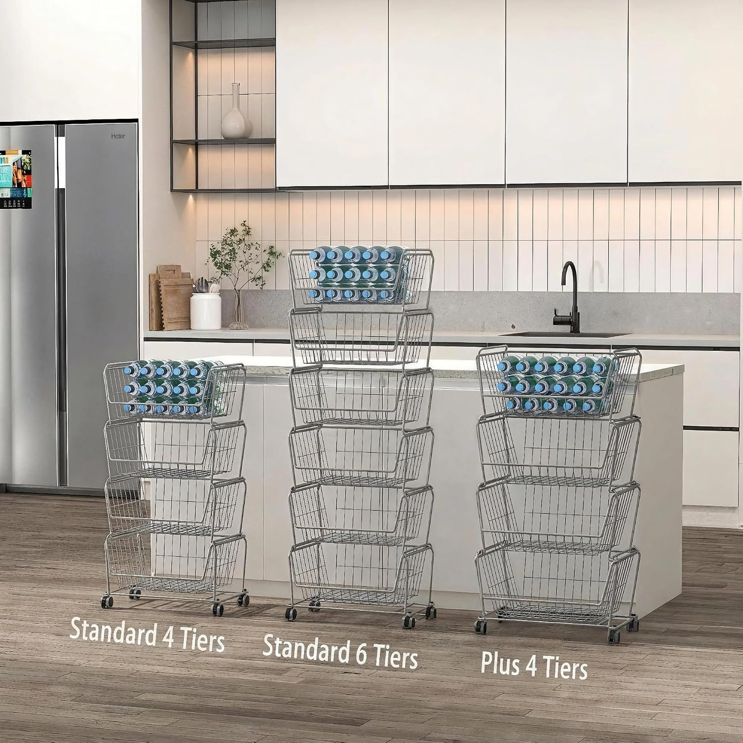 PUSDON 6-Tier Tall Stackable Wire Storage Baskets with Wheels, Vertical Metal Rolling Utility Cart, High Capacity Produce Basket for Kitchen Pantry, Snack Organizer, Matte Black