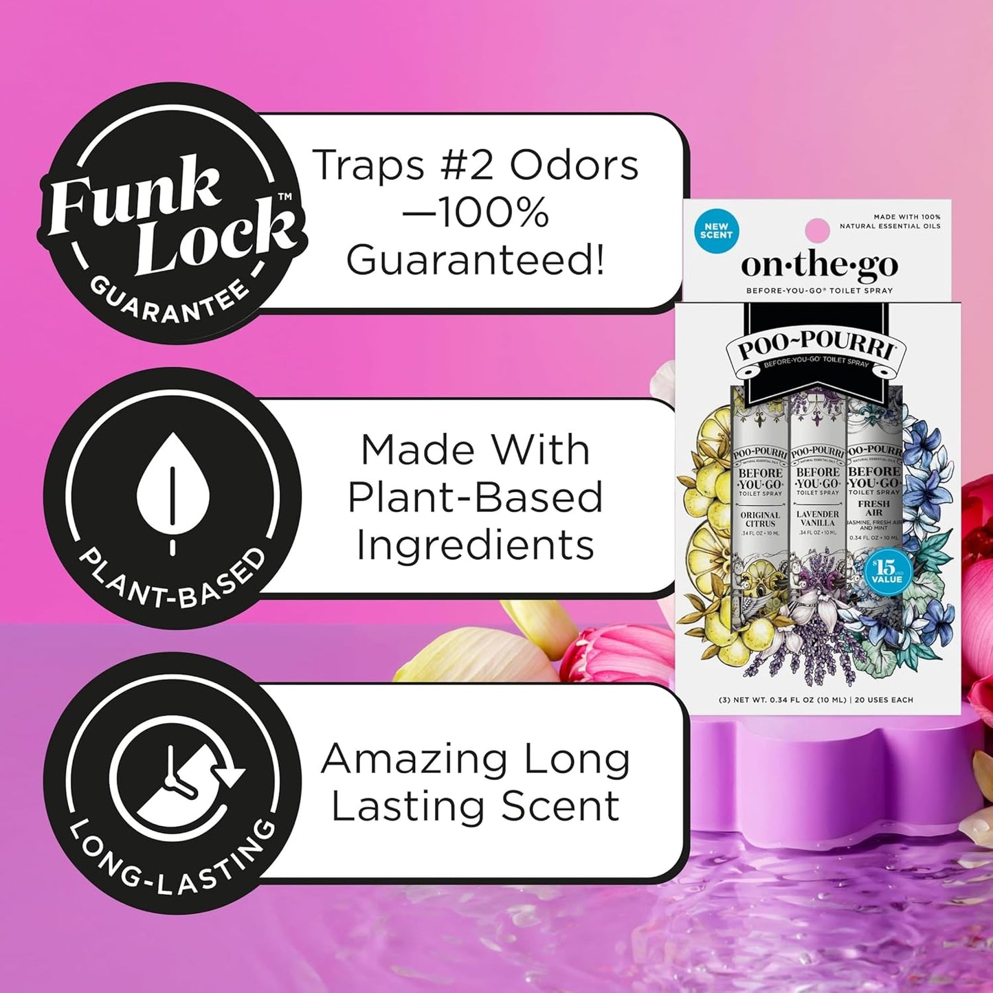 Poo-Pourri Before-You-Go Toilet Spray, Travel Essentials, .34 Fl Oz, In A Pinch Variety 3 Pack, Each Up to 20 Uses, On-The-Go Bathroom Odor Deodorizer with Essential Oils, TSA Approved Size, 3 Scents